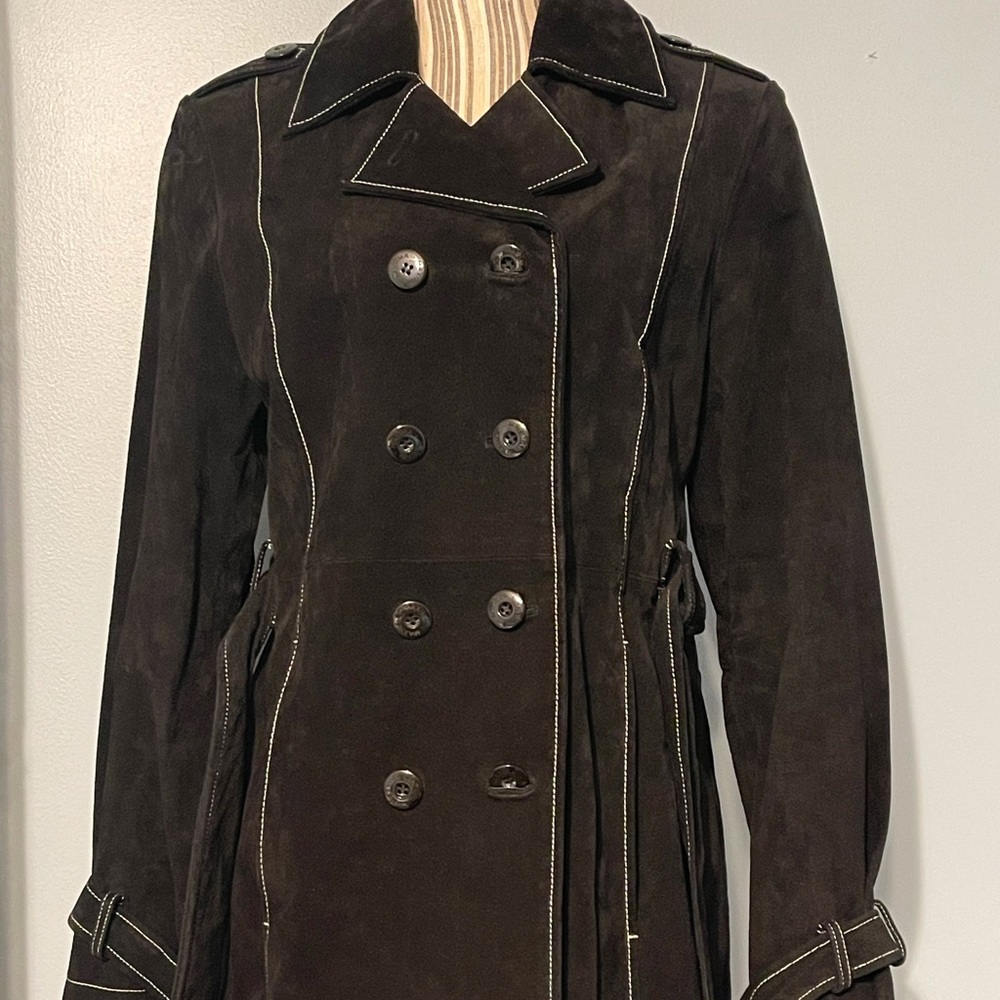 Ladies double breasted belted suede leather jacket